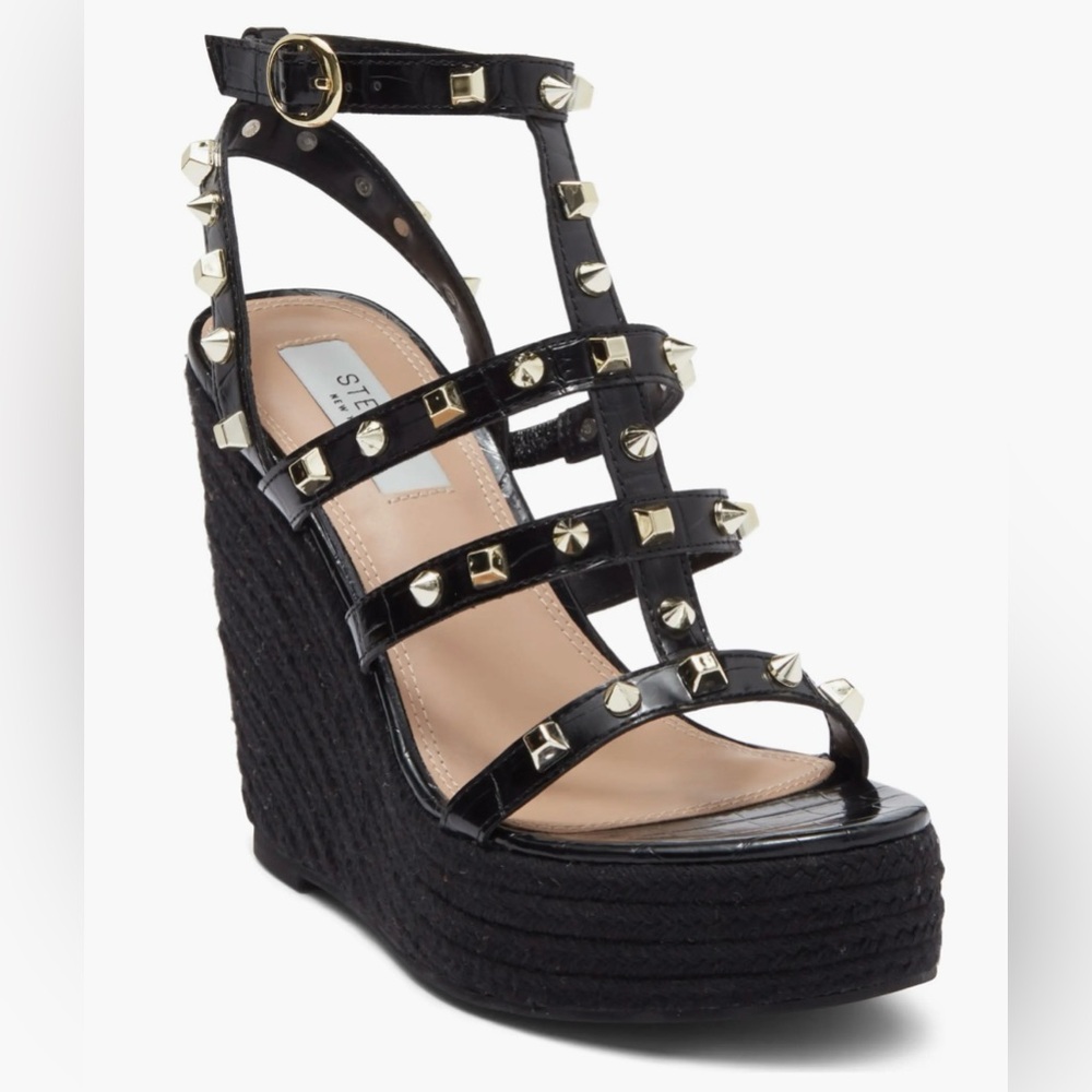 BNIB Steve Madden Scout Cage Studded Espadrille Wedge Sandals 9.5 Black